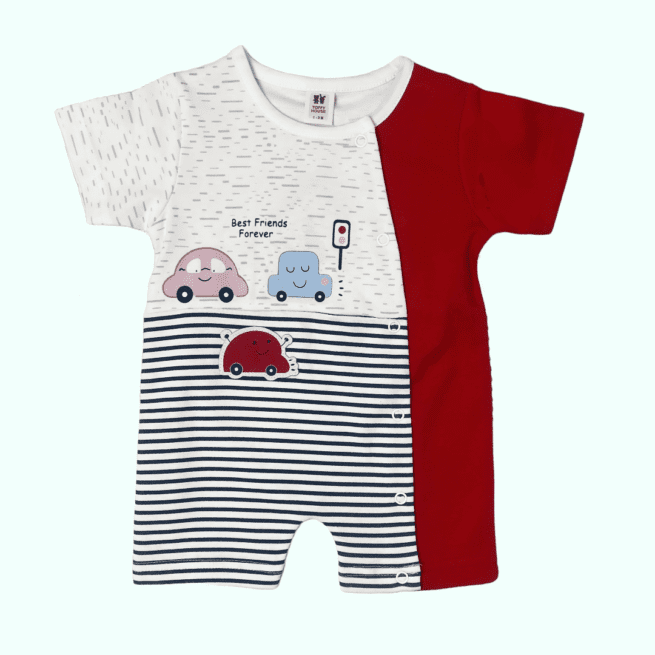 Cotton Knit Half Sleeves Romper Stripes Print With Patch- Red & White