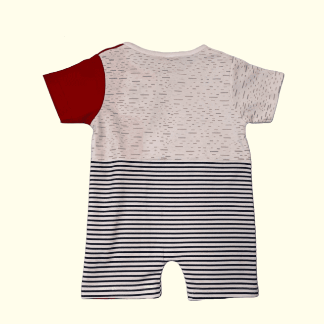 Cotton Knit Half Sleeves Romper Stripes Print With Patch- Red & White - Image 2