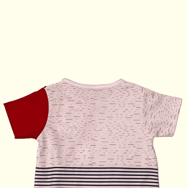 Cotton Knit Half Sleeves Romper Stripes Print With Patch- Red & White - Image 3