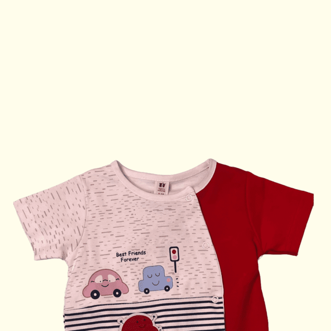 Cotton Knit Half Sleeves Romper Stripes Print With Patch- Red & White - Image 5