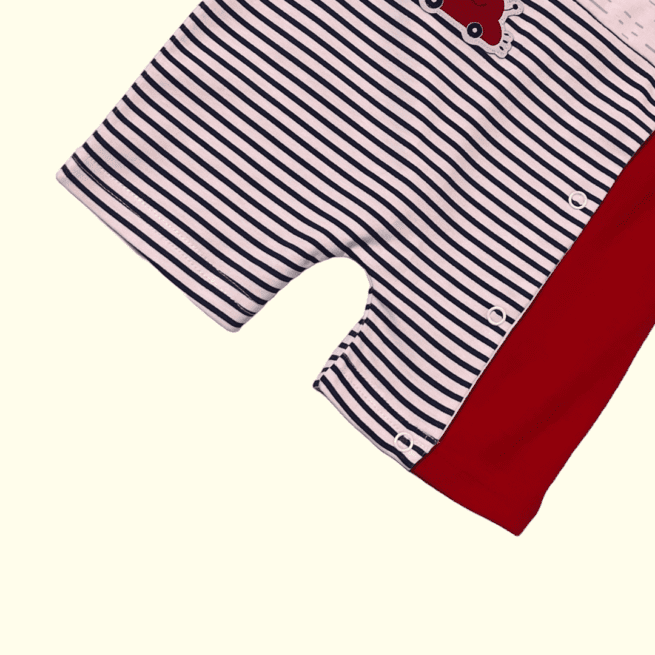 Cotton Knit Half Sleeves Romper Stripes Print With Patch- Red & White - Image 6