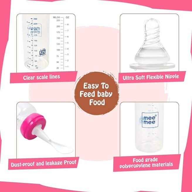 Mee Mee Premium Baby Feeding Bottle (250 ml, Spoon Light Pink) - Image 3