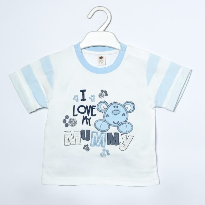 Skyline Serenity: Toffy House Brand White and Blue T-Shirt and Trouser Set for Kids