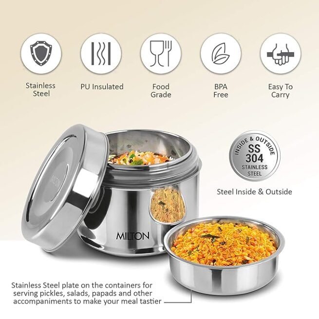 Milton Steel Snack Stainless Steel Tiffin, 800 ml, Steel Plain - Image 2
