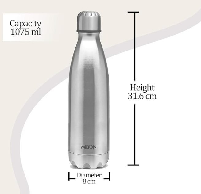 MILTON Shine 1100 Stainless Steel Water Bottle, 1075 ml, Silver - Image 2