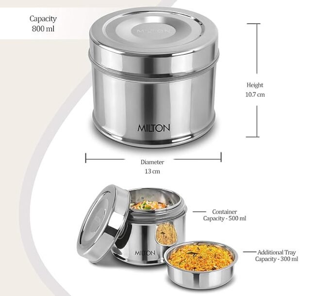 Milton Steel Snack Stainless Steel Tiffin, 800 ml, Steel Plain - Image 3
