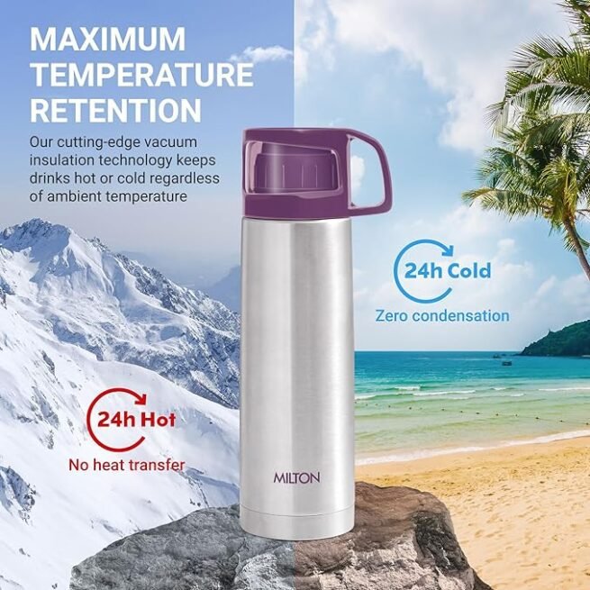 Milton Glassy 500 Thermosteel 24 Hours Hot and Cold Water Bottle with Drinking Cup Lid, 500 ml - Image 4