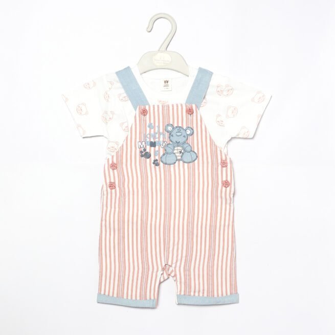 Dungaree Baby Set (0-24 Months) - Playful Elegance in Light Red and White