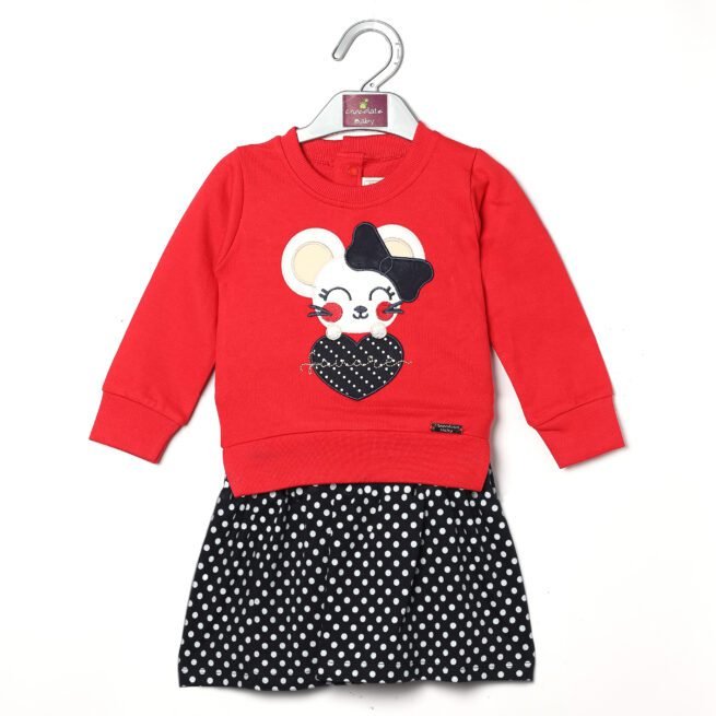 Crimson Chic: Chocolate Baby Brand Red and Black Dress Set for Girls